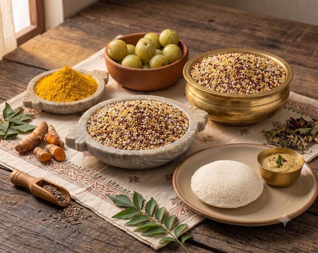 Organic millets, turmeric, amla and idli with chutney on a traditional Indian table — Sakthiguru Organics, Chennai